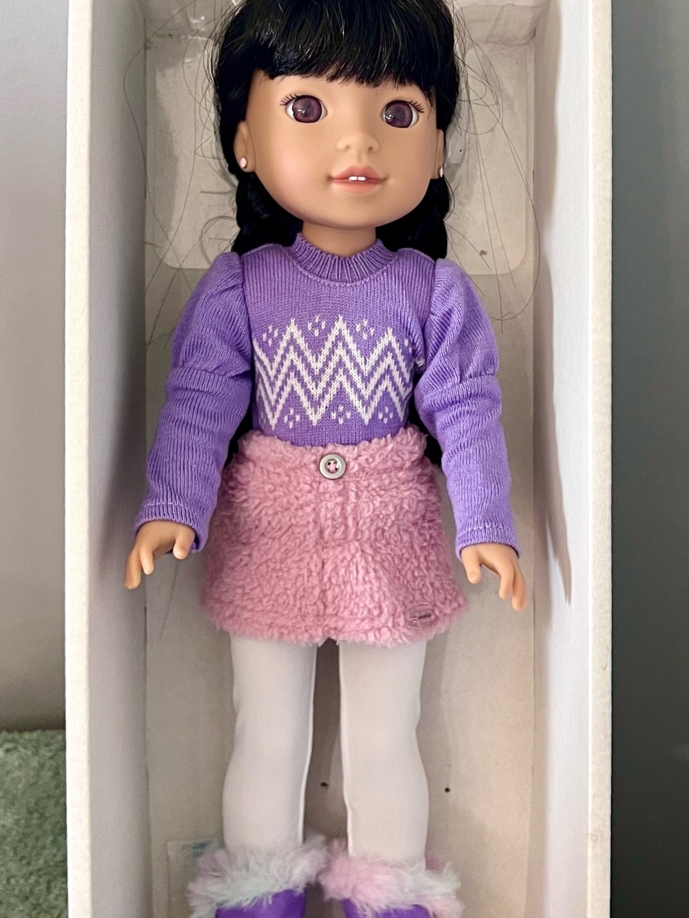 American Girl Gwynn Tan Doll in Purple Outfit with White Accents